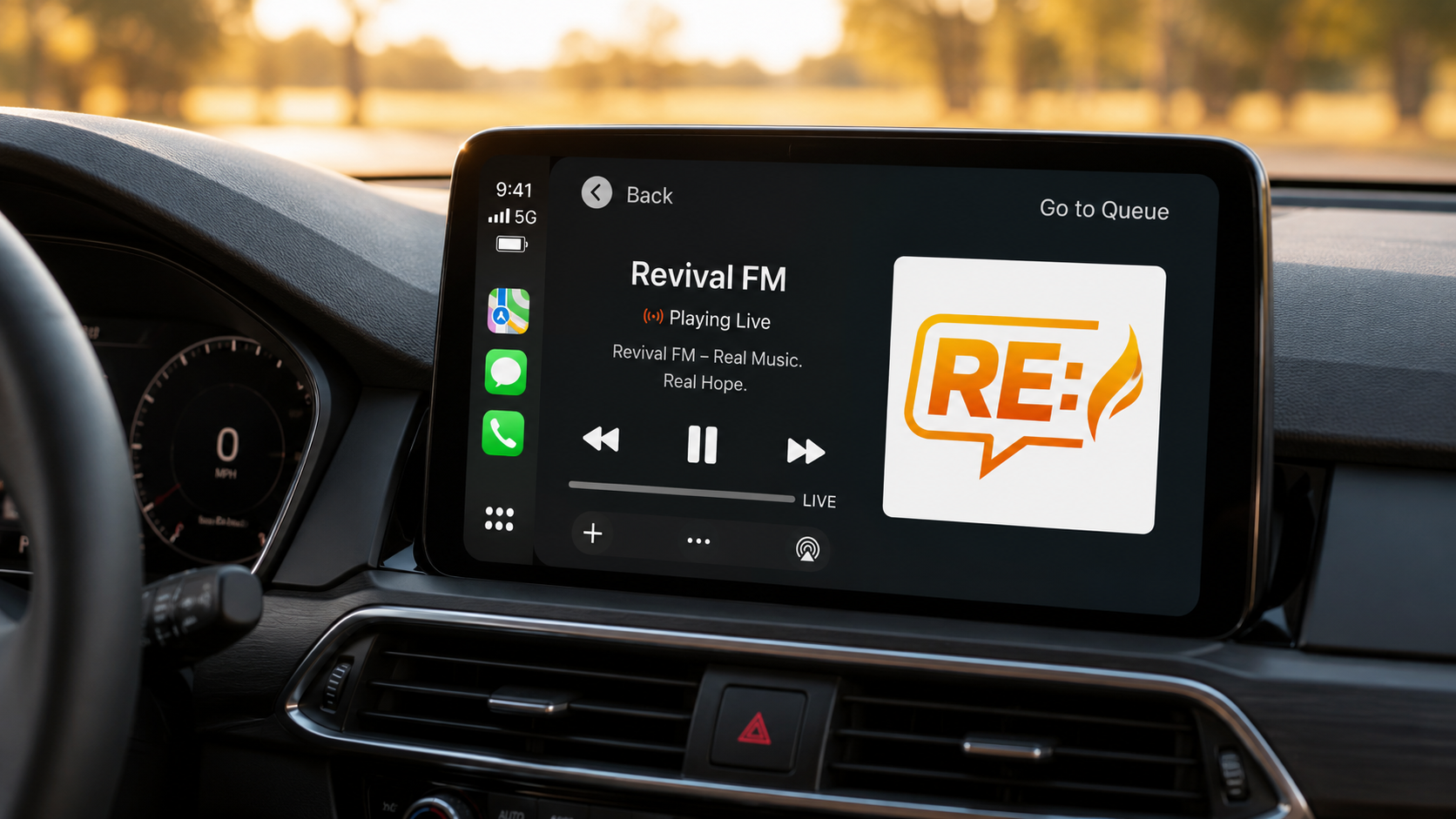 Revival FM on Apple CarPlay — playing live in the car